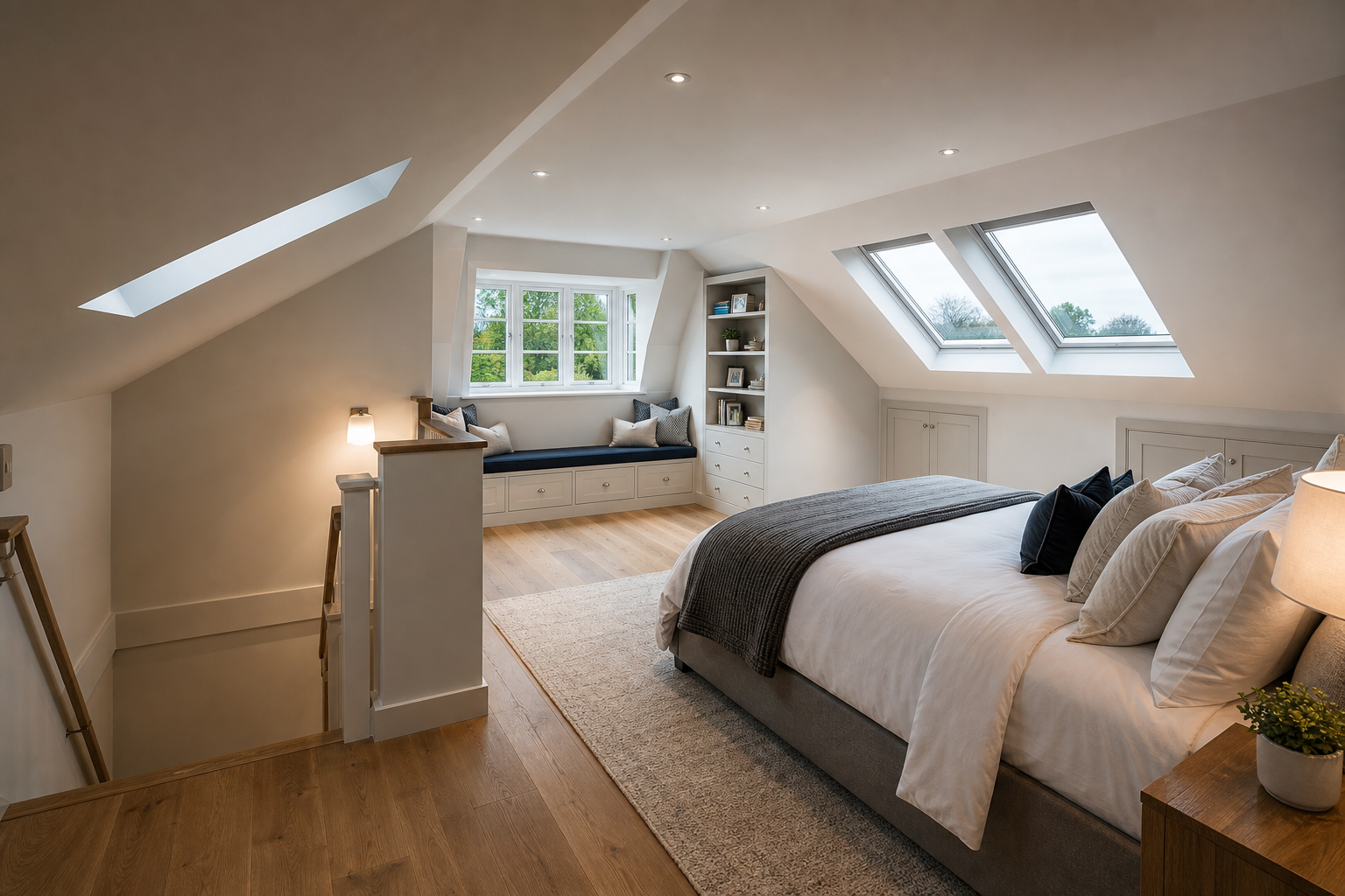 Completed loft conversion bedroom with rooflights and fitted storage